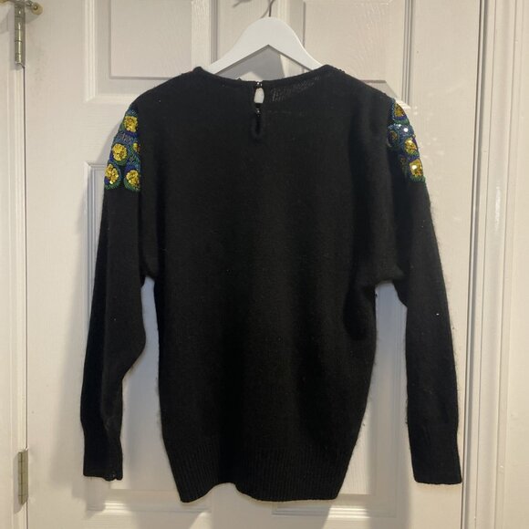 IB Diffusion Vintage Beaded Sequin Silk Angora Wool Black Fuzzy Sweater LARGE - Picture 4 of 5